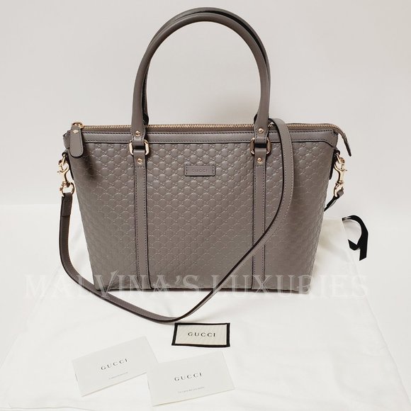 GUCCI BAG 449656 GRAY MICROGUCCISSIMA GG LOGO LEATHER TOTE w STRAP MEDIUM - Picture 2 of 16